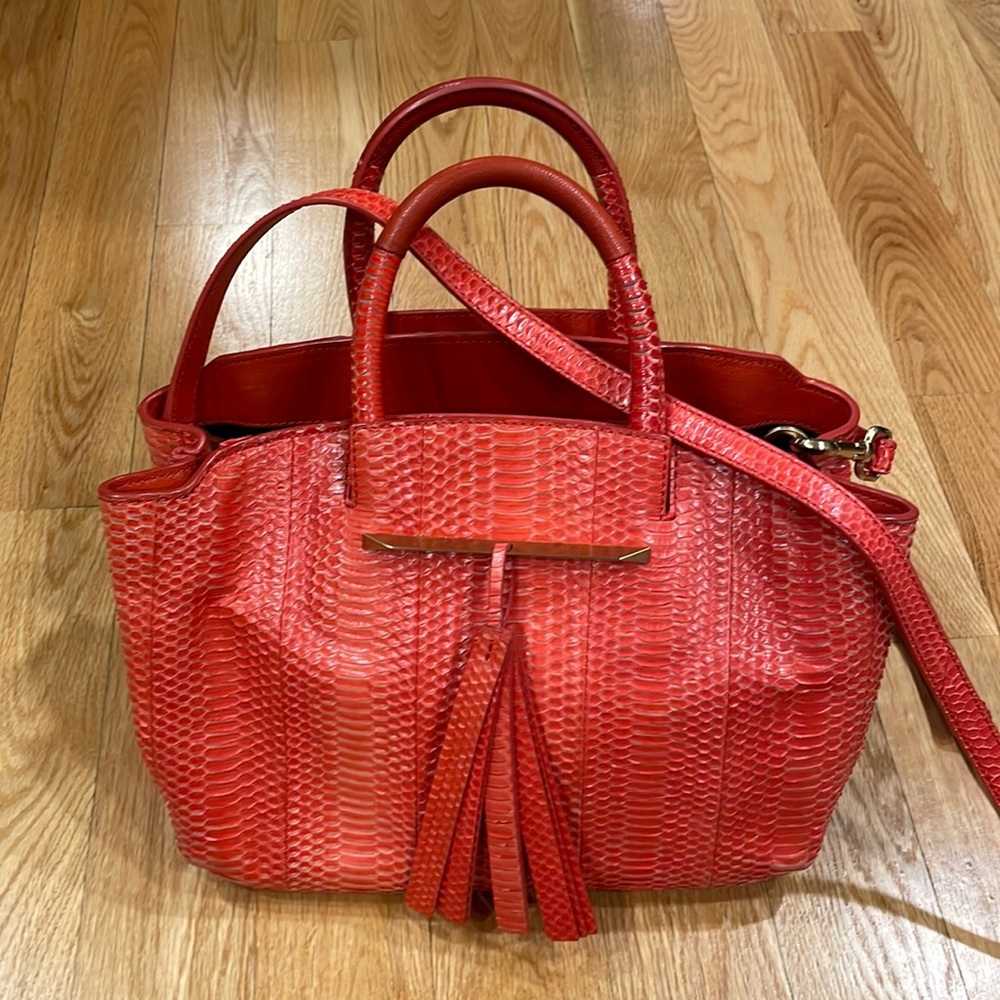 Brian Atwood reddish/orange lizard skin handbag